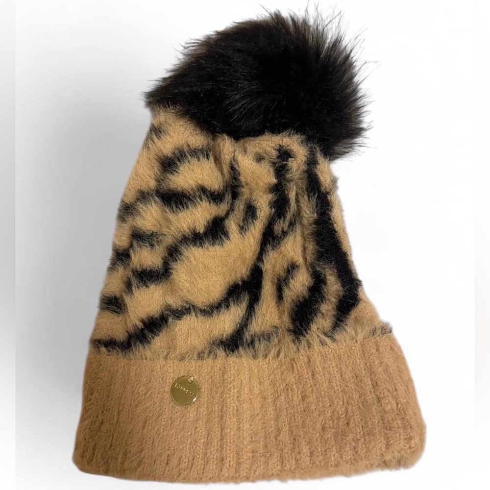 Zebra Print Fuzzy Pom Pom Beanie